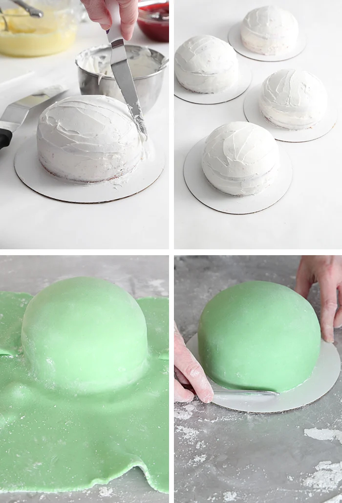 cake is covered in whipped cream and marzipan