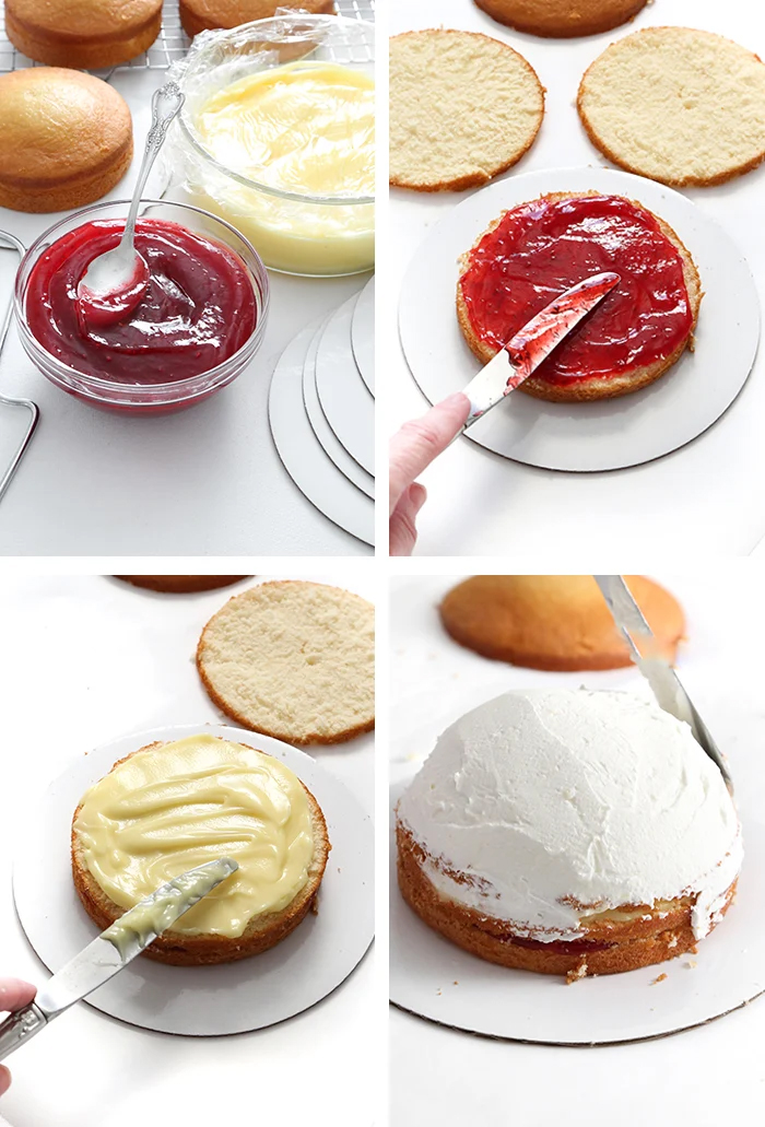 a knife adds jam and custart to cake layers