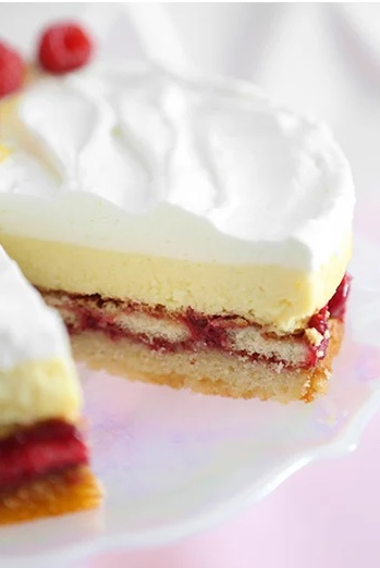 image of a round cake with a slice cut out showinf cake layers